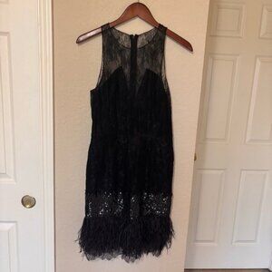 Sachin and Babi noir black mini dress sequin ostrich feather size 6